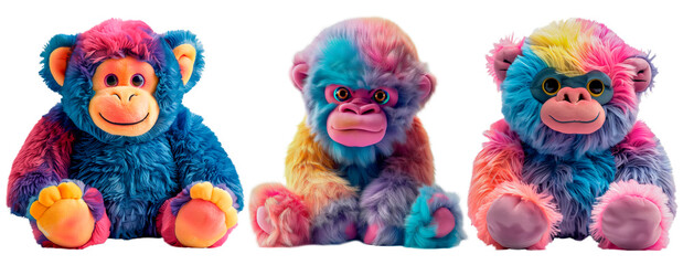 Three cute cartoon style baby gorilla soft toys, smiling and wide eyed, big bright eyes and fluffy ears, isolated with a transparent background.