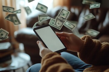 A person using a smartphone surrounded by flying dollar bills, symbolizing online money transactions and digital finance.