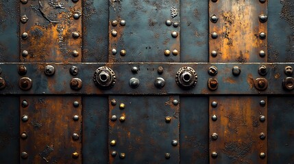 Fototapeta premium Close-up of a rusty metal door with rivets and bolts.