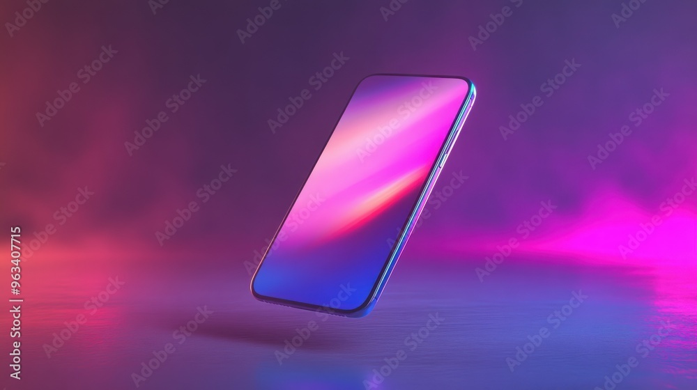 Poster smartphone floating in purple and pink gradient background