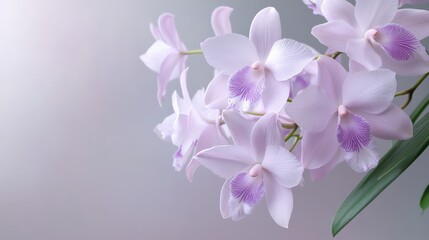 A blooming Dendrobium orchid in soft purple, with its slender stems gracefully arching