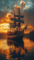 Replica of Columbus Ship at Sunset