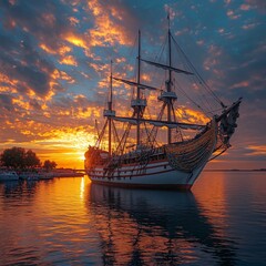 Fototapeta premium Vintage sailboat in sea at sunset