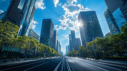 central roadway, tall buildings are on street