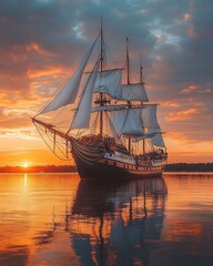 Fototapeta premium retro sailship at sunset