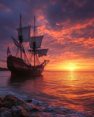 Fototapeta premium retro sailship at sunset