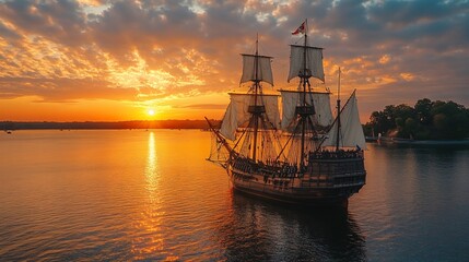 Fototapeta premium retro sailship at sunset