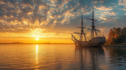 retro sailship at sunset