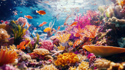 Fototapeta premium Vibrant underwater coral reef scene with colorful fish, showcasing marine biodiversity in crystal-clear tropical waters under the sunlight.