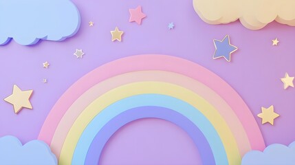 A whimsical rainbow with soft pastel colors surrounded by stars and clouds, perfect for children's themes and creative projects.