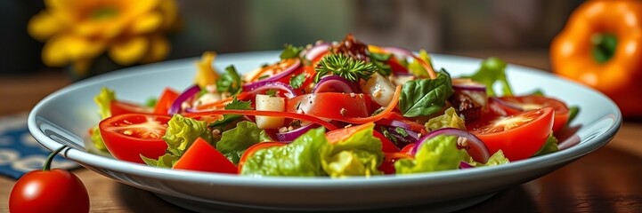 there is a bowl of salad with tomatoes and lettuce on the table.