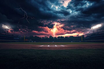 A dramatic baseball field under a stormy sky, with dark clouds and striking lightning, enhancing the intensity of the scene.
