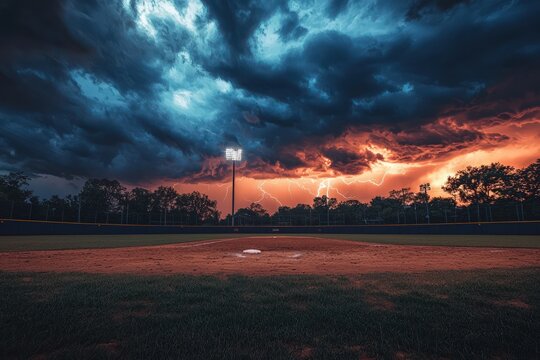 A dramatic baseball field under a stormy sky, with dark clouds and striking lightning, enhancing the intensity of the scene.