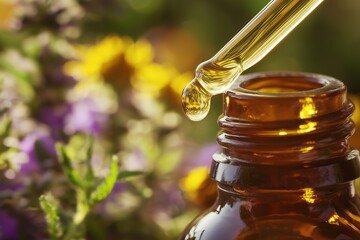A dropper dispenses essential oil into a glass bottle, with wildflowers in the background.