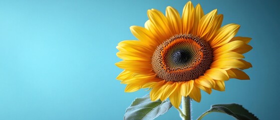Obraz premium Close-up of a vibrant sunflower against a blue backdrop.