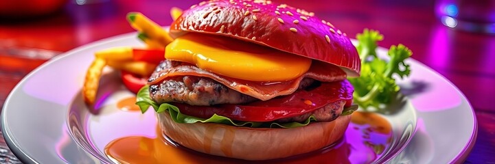  burger with cheese, tomato, and lettuce on a plate.