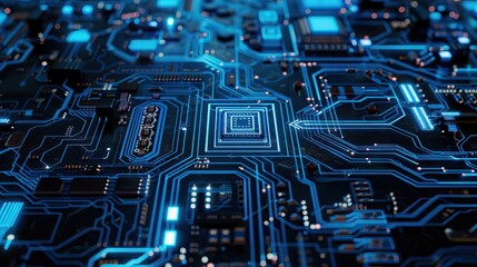 Fototapeta premium Close-up of High-Tech Circuit Board with Glowing Blue Lines and Microchips for Advanced Technology Concept