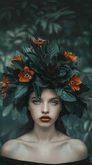 Surreal Portrait of Young Woman with Dark Floral Crown and Intense Gaze in Mystical Setting