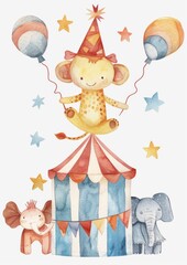 Fototapeta premium Cute watercolor circus animals in hats on white background