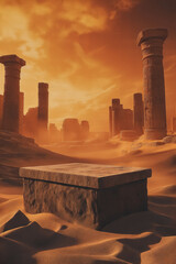 Empty stone podium surrounded by ancient stone ruins in a desert landscape at sunset with dramatic sky. Product display background with copy space 