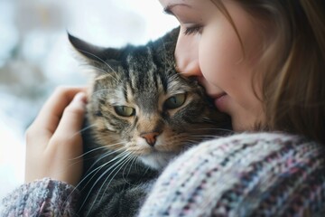 Young woman is tenderly embracing her tabby cat by the window, creating a heartwarming scene of affection and companionship