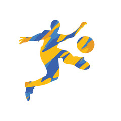 Soccer Player in Action with Yellow and Blue Paint Splashes