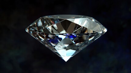 Brilliant diamond floating on a dark background, reflections creating an intricate pattern of light.