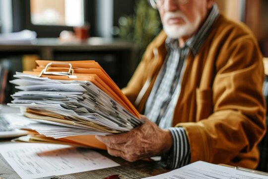 Elderly accountant is holding a large stack of paperwork in his office, highlighting the challenges of managing financial records