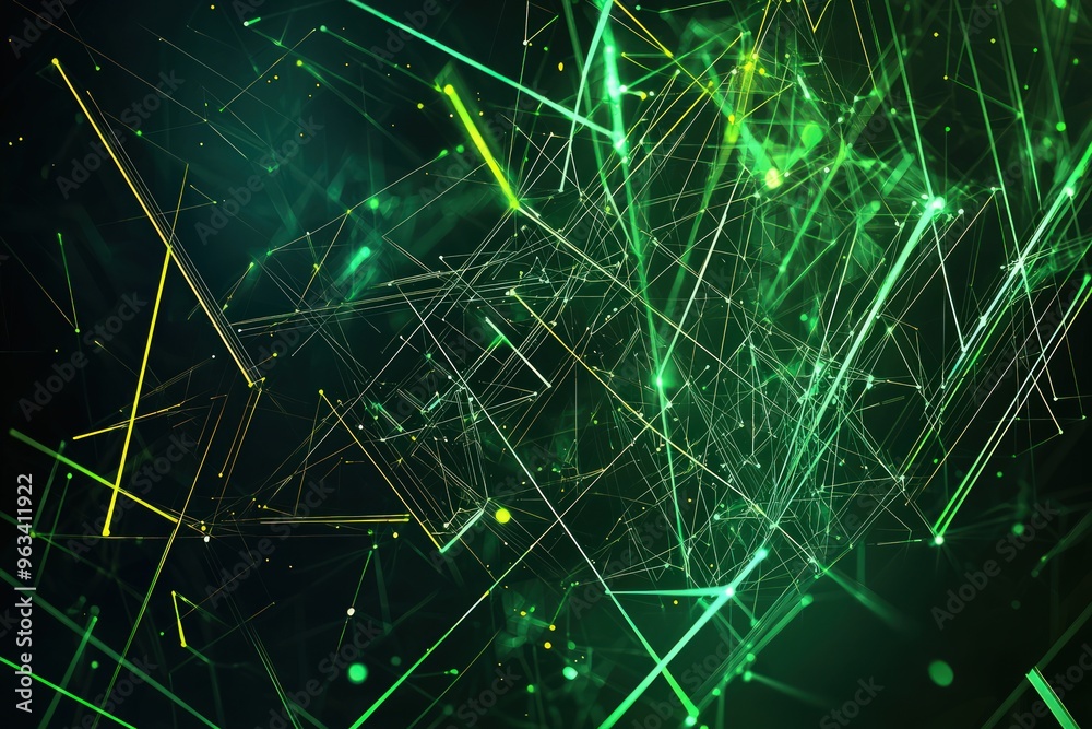 Fototapete a digital abstract composed of geometric shapes, neon green lines, and dots against a dark backgroun