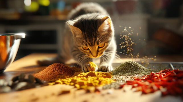 A curious cat explores colorful spices on a kitchen counter, bringing playful energy to a culinary scene filled with vibrant ingredients.