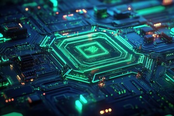 Fototapeta premium Futuristic Circuit Board with Glowing Green Lines and Orange Lights