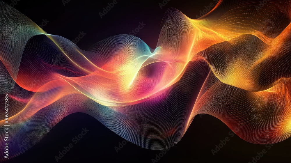 Poster digital flow: abstract network of colorful data waves symbolizing internet speed and interconnectedn