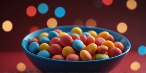 Colorful Candy in a Blue Bowl on a Red Background.