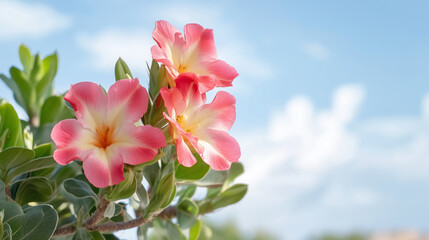 Pink Desert Rose Flower with a Blue Sky Background.