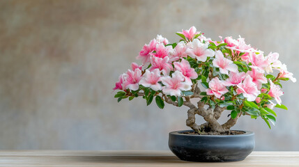 Pink Azalea Bonsai Tree in a Black Pot.