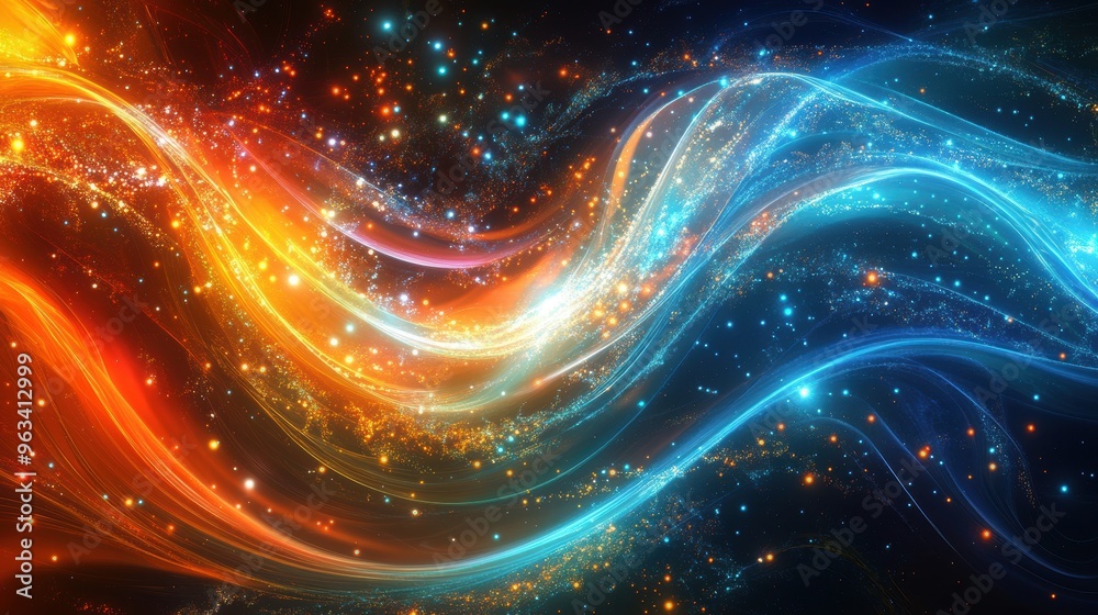 Poster digital network flow: abstract background of colorful data waves signifying internet speed and conne
