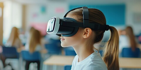 Young Girl Wearing Virtual Reality Headset in Classroom
