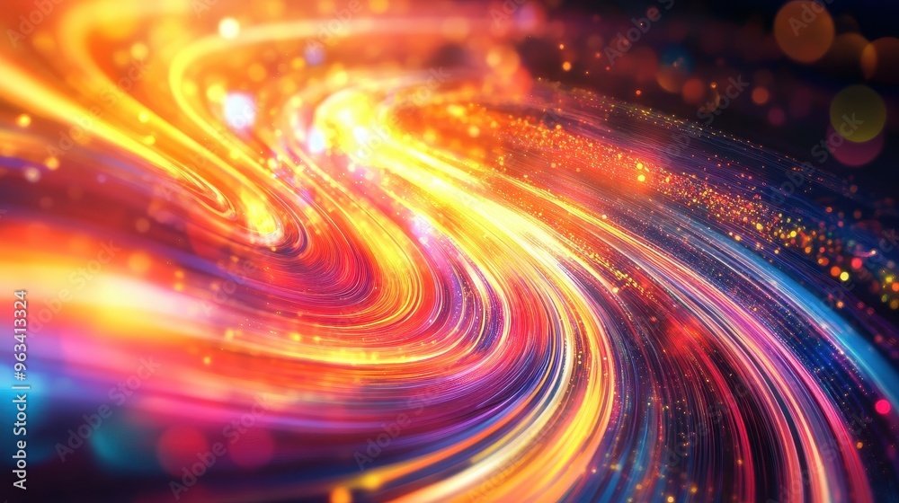 Poster ethereal data flow: dynamic abstract background of light and colorful curves symbolizing internet co