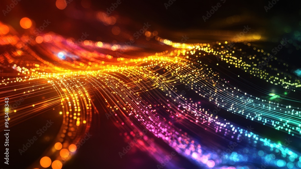 Poster digital connection: abstract background of vibrant color waves representing data flow and internet s
