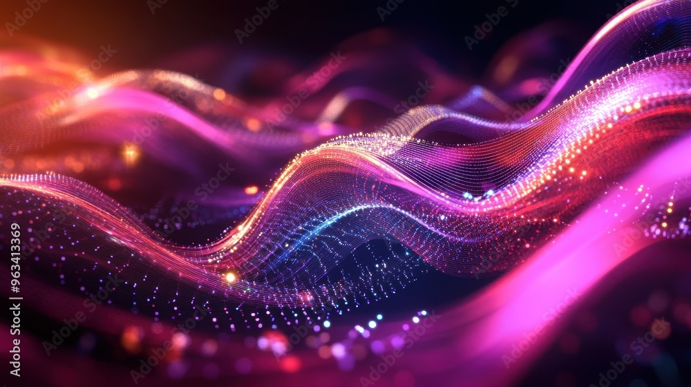 Poster dynamic global network connection - abstract background of interwoven light trails representing data