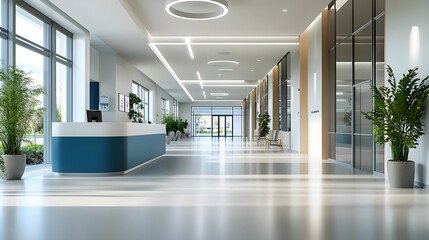 Bright and modern hallway featuring a reception desk and greenery, creating a welcoming atmosphere in a professional setting.