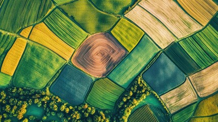 Aerial View of Diverse Geometrically-Shaped Farm Fields