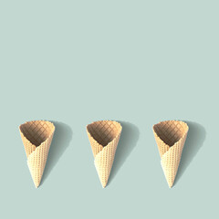 Ice cream cones on a bright blue background. Food background.