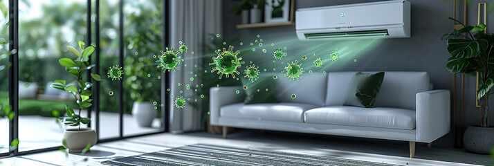 Air conditioner with air purification technology removes viruses and bacteria from the air in a modern living room, ensuring a clean and healthy indoor environment.