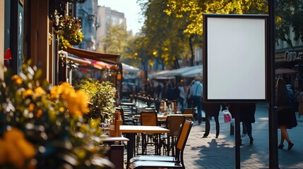 Charming outdoor cafe with empty tables, vibrant flowers, and a placard ready for signage in a bustling street scene.
