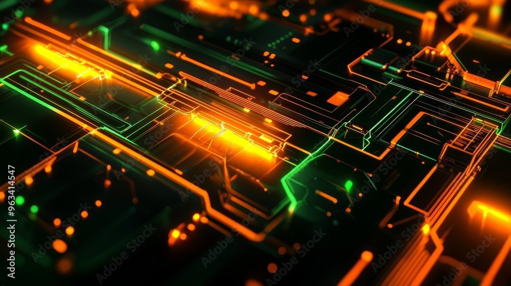 Poster abstract background with glowing orange and green lines forming a complex pattern resembling a circu
