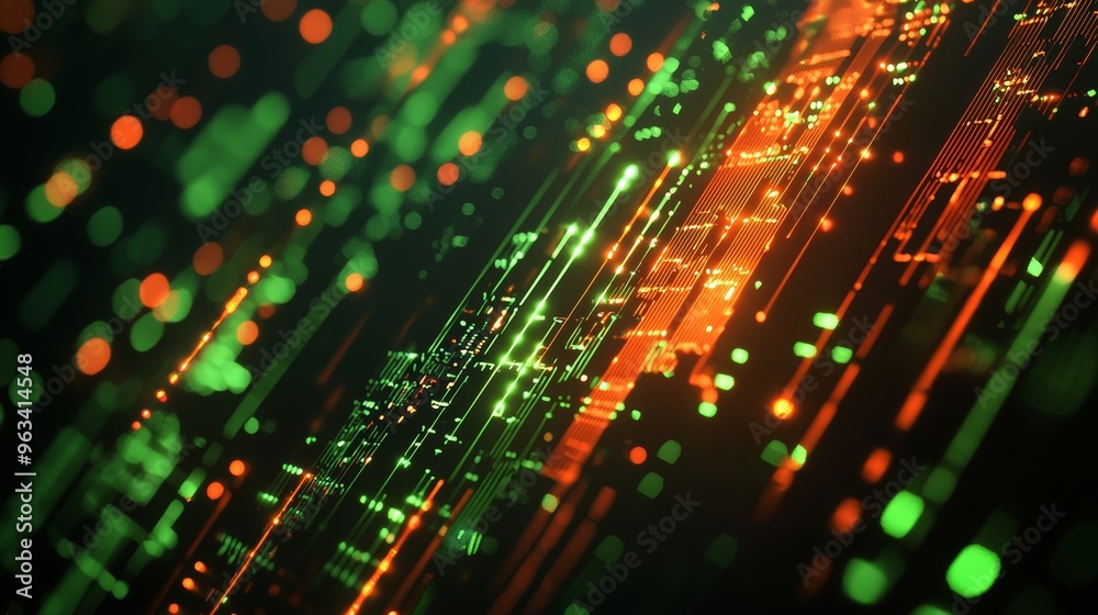 Poster mesmerizing digital binary code matrix background with glowing green and orange lights on a grid, pe