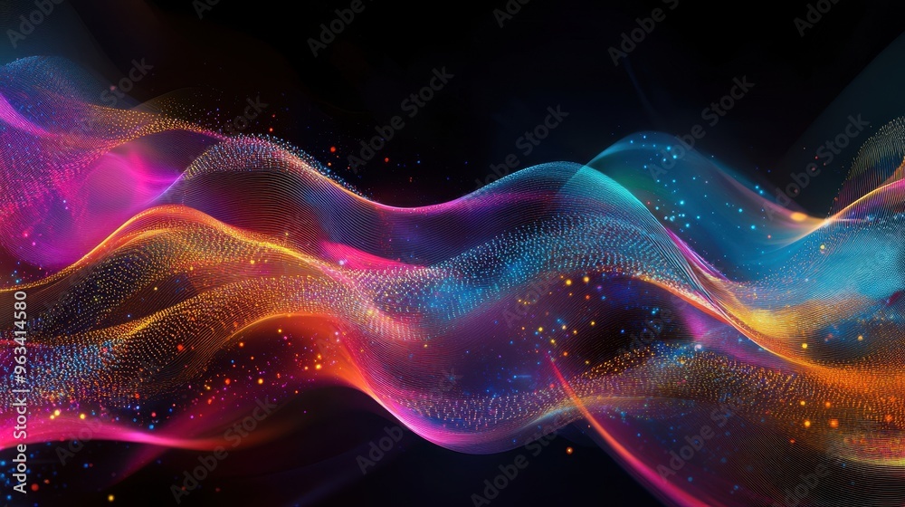 Poster data flow abstract background - illustration of network interconnectedness with colorful curves and 