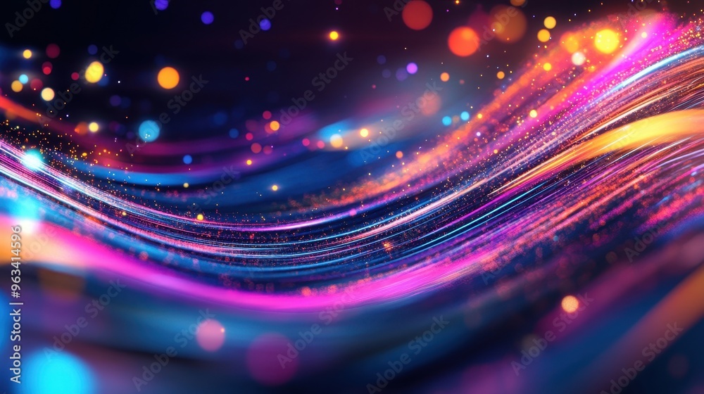Poster network connections in abstract: dynamic lines of light and color representing data flow and interne