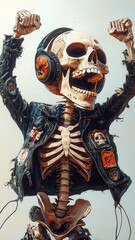A lively cartoon skeleton enjoys music while dancing joyfully with headphones at a vibrant, artistic setting